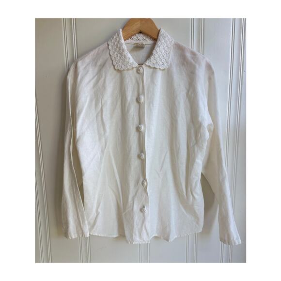 Vintage I.V.Y Button Up Linen Cotton Crochet Collared Long Sleeve Shirt Medium - Picture 1 of 6